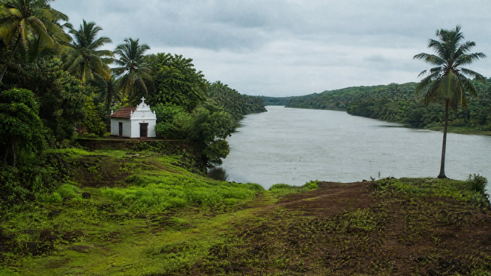 Rain-washed laterite houses and a white church tower above palm-lined lanes in Fontainhas, Panaji