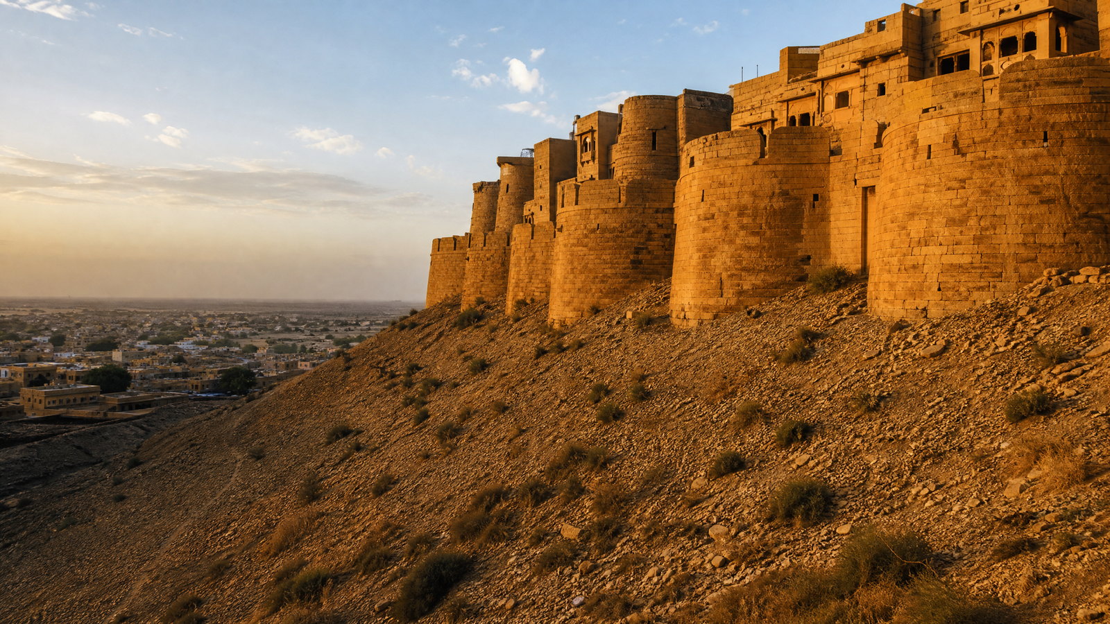 Jaisalmer Fort rising above layered honey-gold sandstone rooftops and the Thar Desert at first light