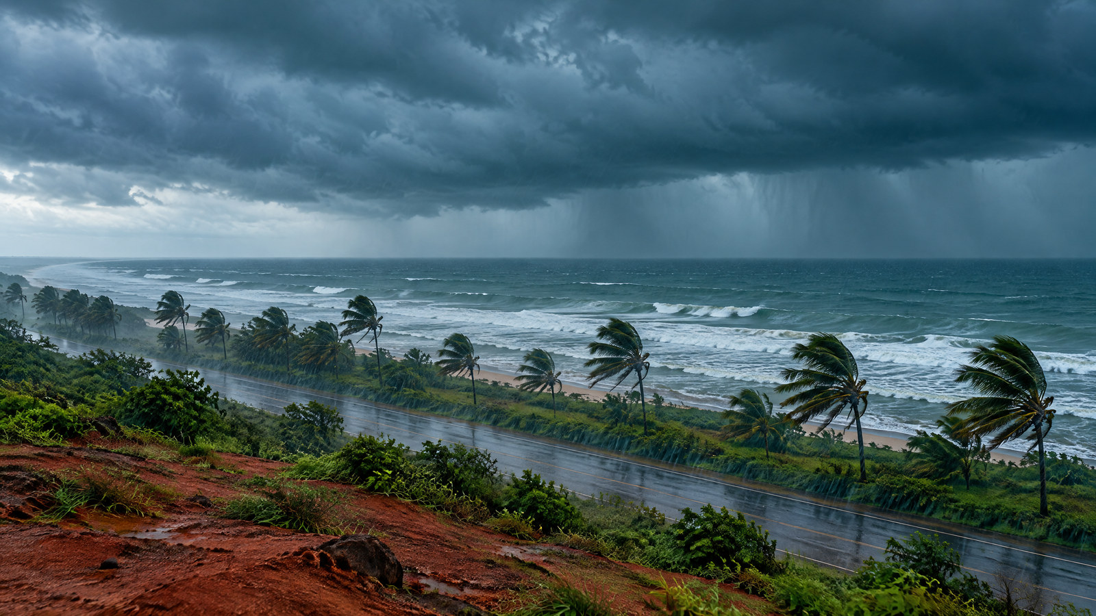 Storm clouds and wind-driven rain over a rough Bay of Bengal coast viewed from a safe elevated position