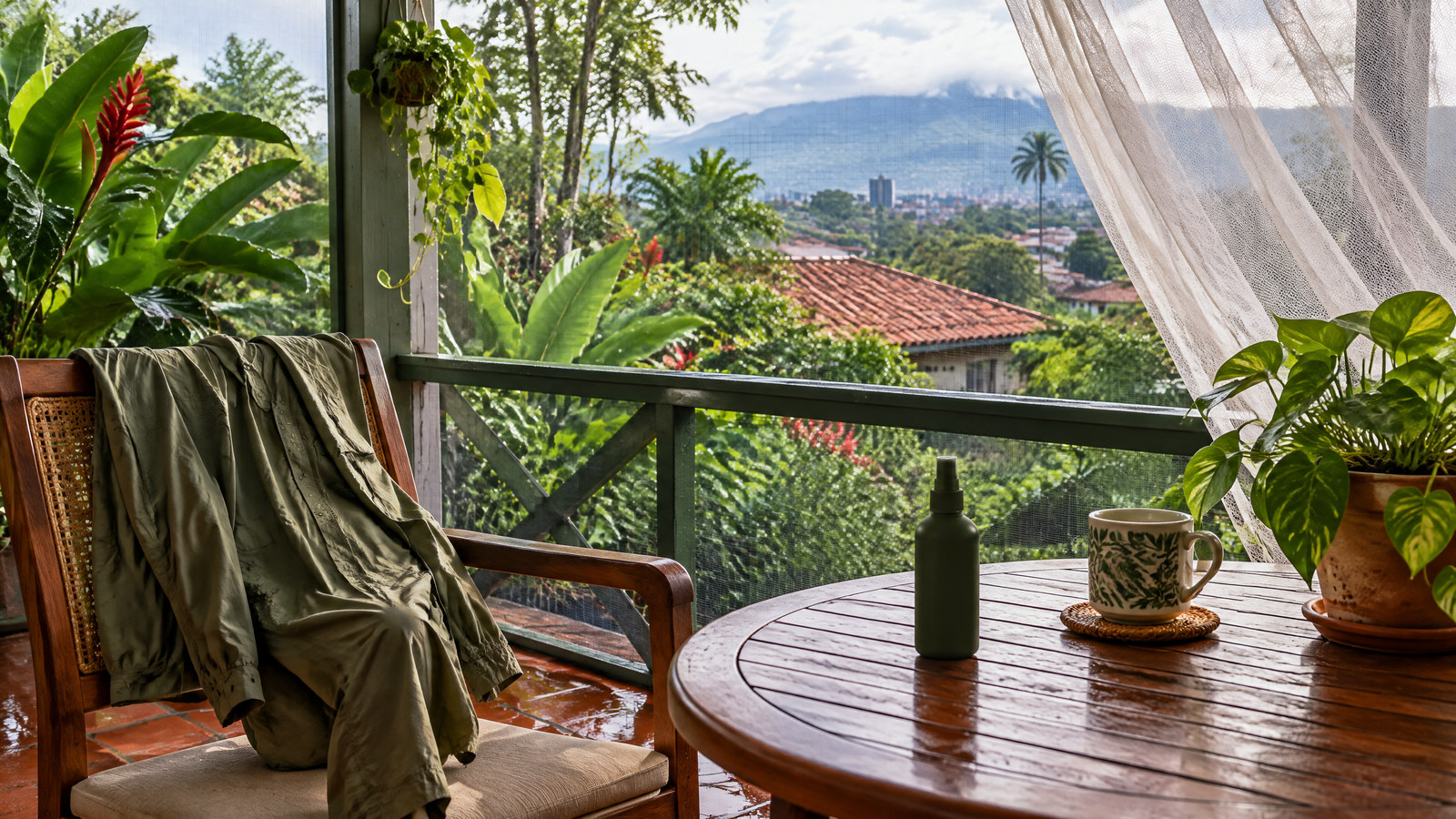 A screened green veranda in San José with long clothing and an unbranded mosquito-repellent bottle