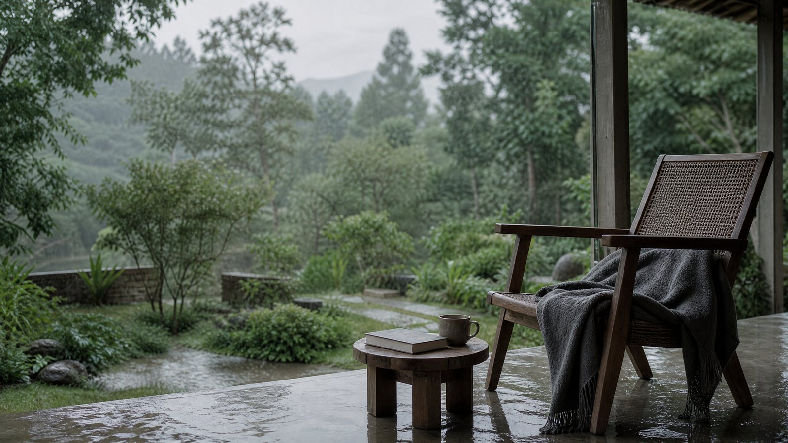 Traveller resting with tea beside a rain-softened window in a quiet mountain town
