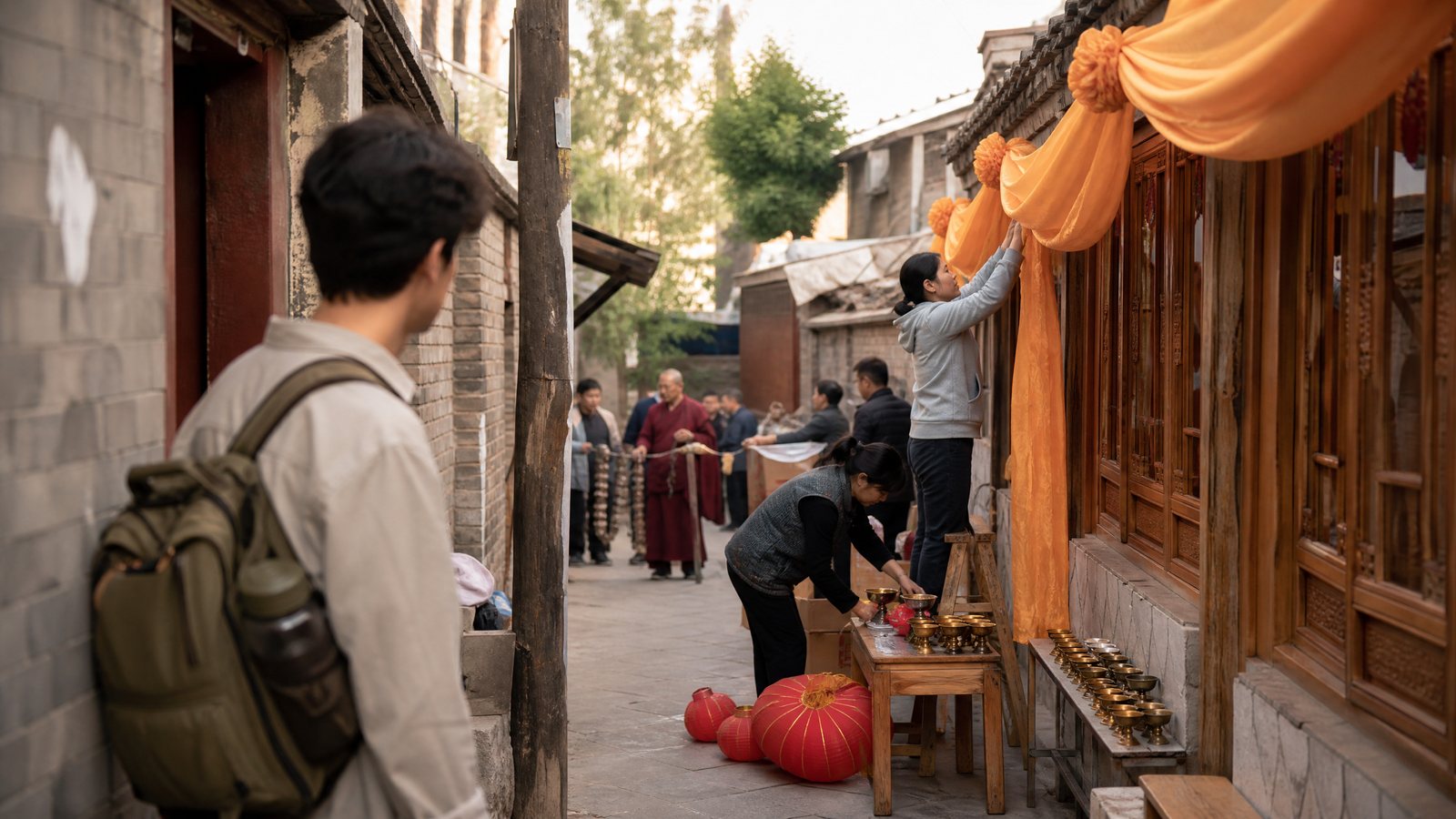 Festival procession seen respectfully from the edge of a quiet side street