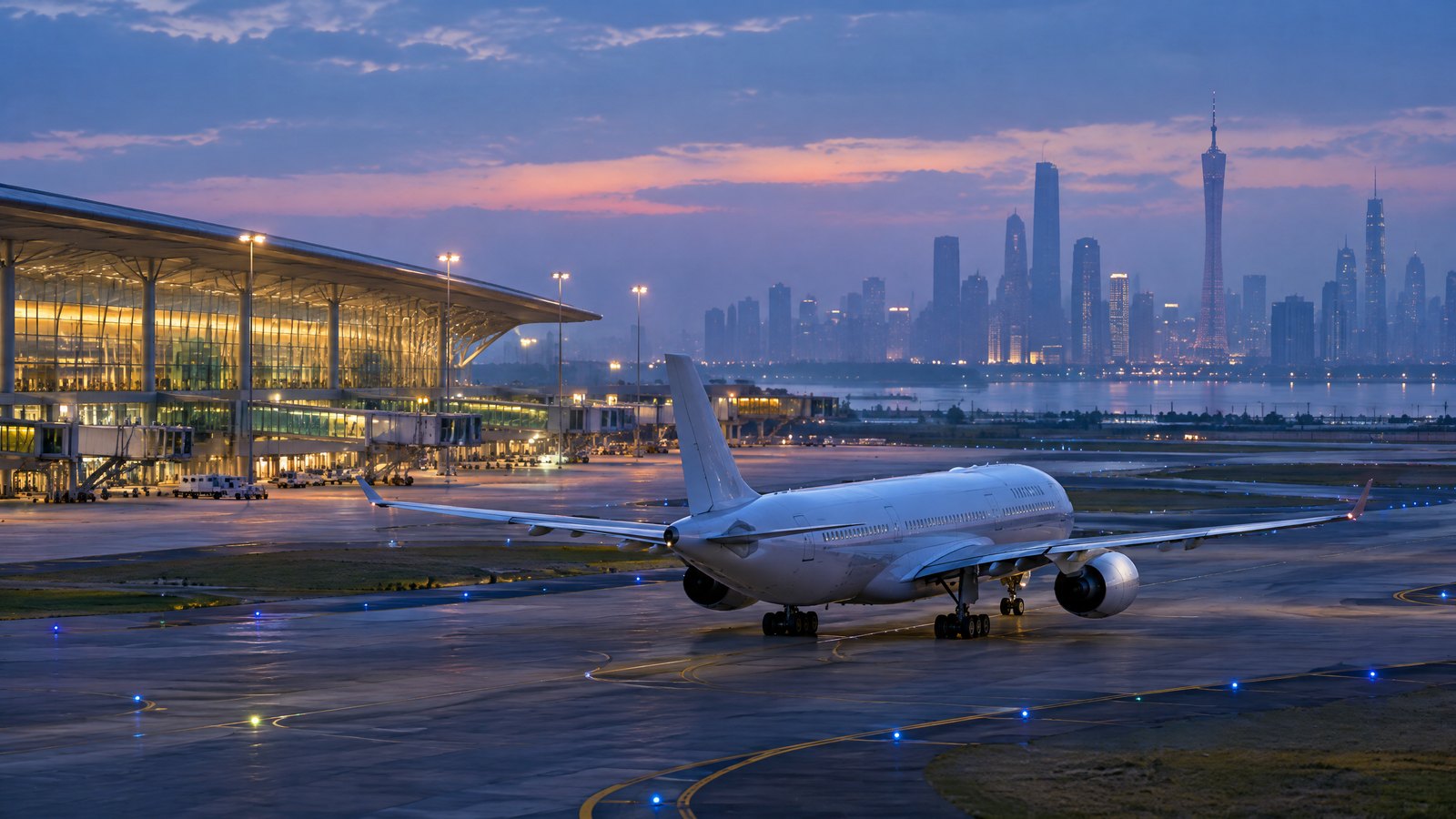 An unbranded aircraft taxiing at blue hour near a terminal, representing a planned Guangzhou–New Delhi service