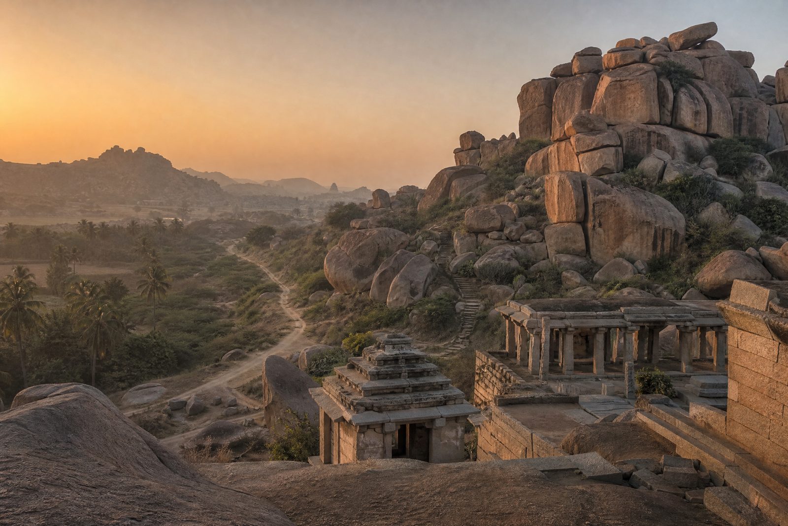 Hampi temples and granite boulders at sunrise