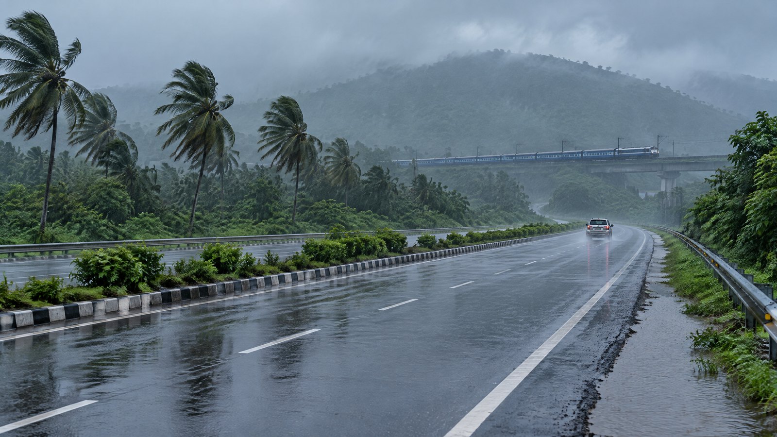 Rain crosses a divided highway near low green hills while a distant vehicle and elevated train move through a monsoon landscape.