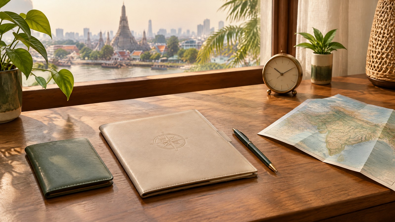 Neutral travel-planning desk in warm tropical light with a closed unbranded passport sleeve, blank document folder, pen, analog clock and folded unlabelled India map