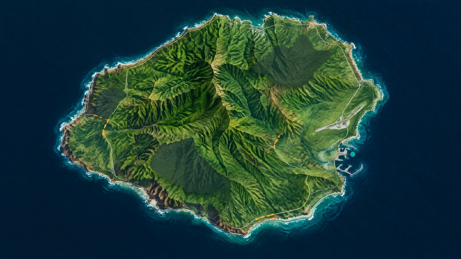 Aerial relief-style view of Kauaʻi with green ridges, coastal roads and a harbor