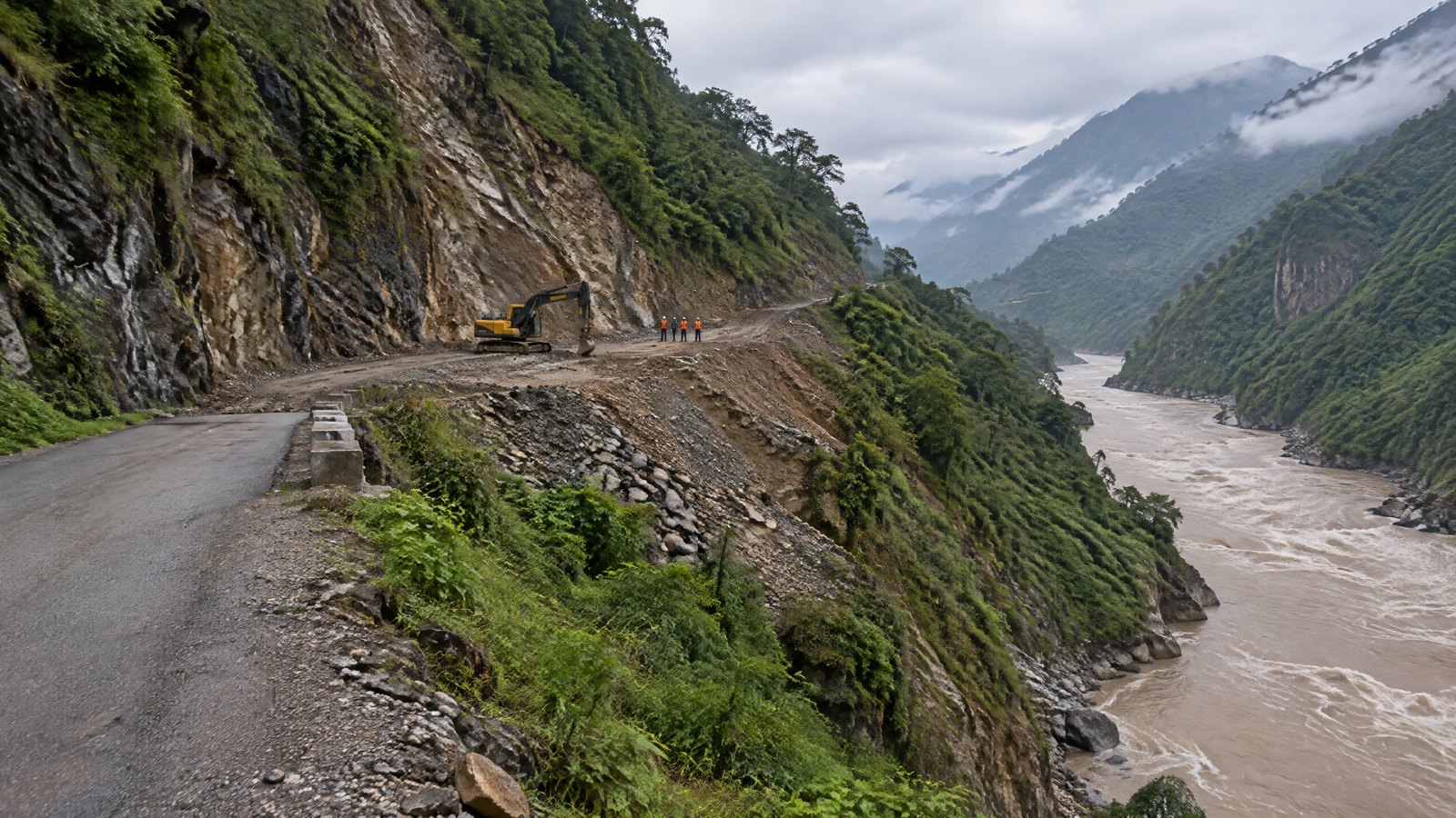 A small excavator and road crew cut an unfinished gravel bench into a steep Himalayan slope above a brown river.