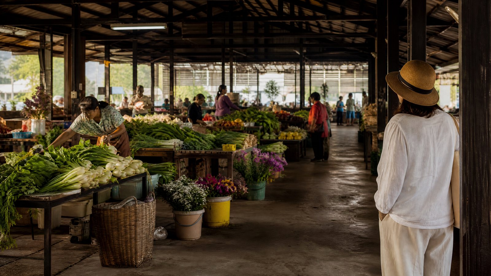 Early market vendors arranging produce beneath muted awnings