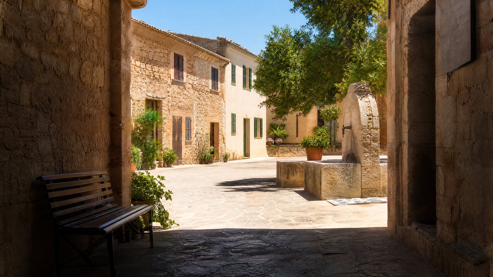 Sunlit Mediterranean lane with deep shade beneath pale stone arches