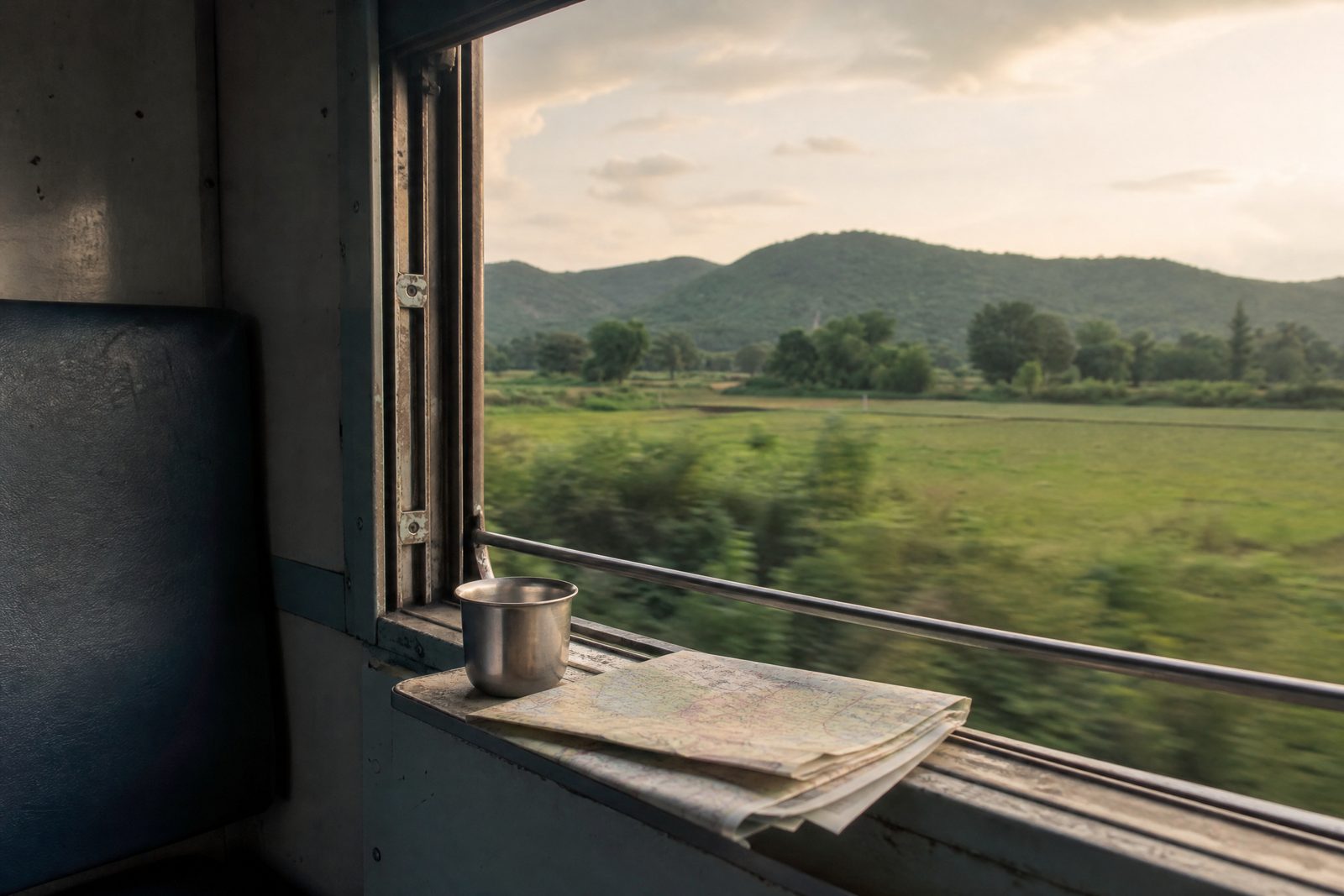 A tea cup and folded map beside an open Indian train window