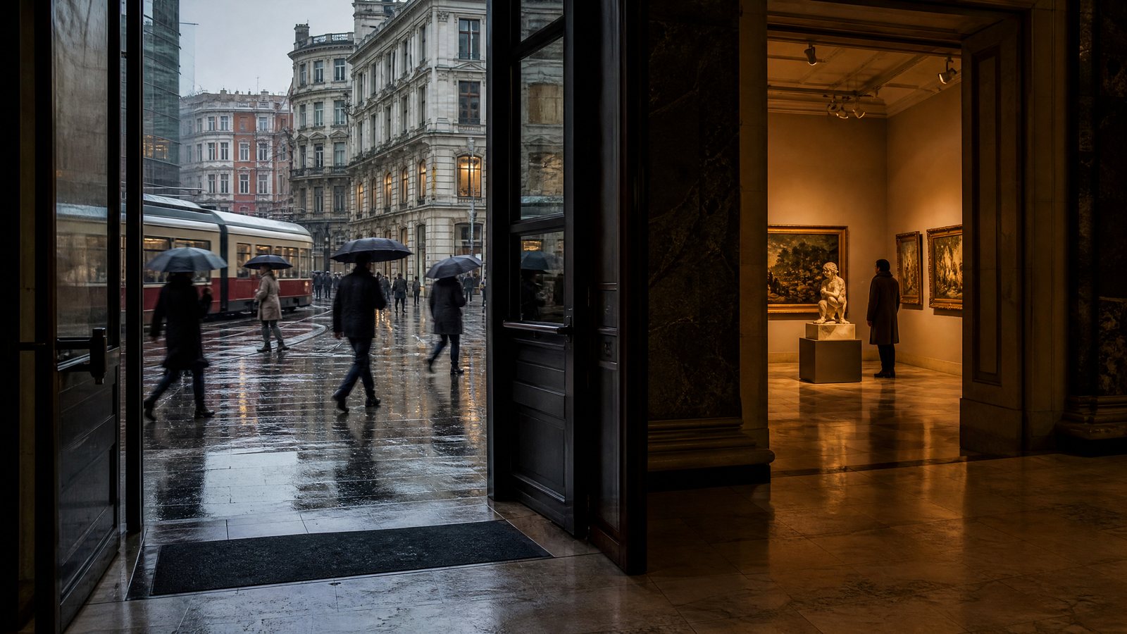 Rainy pavement and museum entrance on a city street
