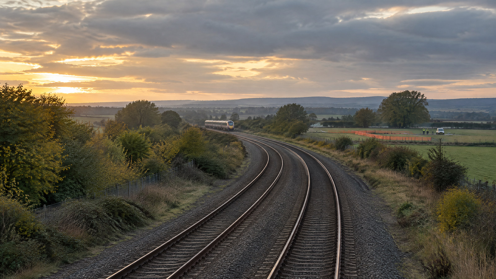 Empty railway tracks curve through an Oxfordshire landscape toward a distant unbranded intercity train