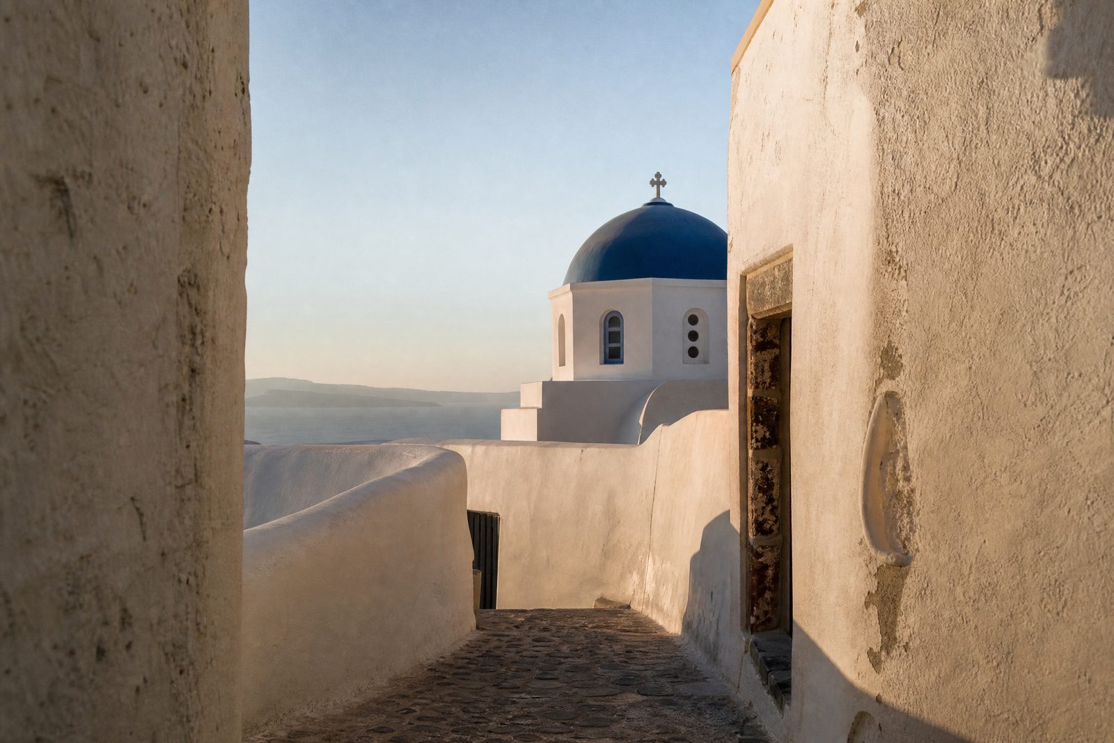 A quiet white lane and blue-domed chapel on Santorini