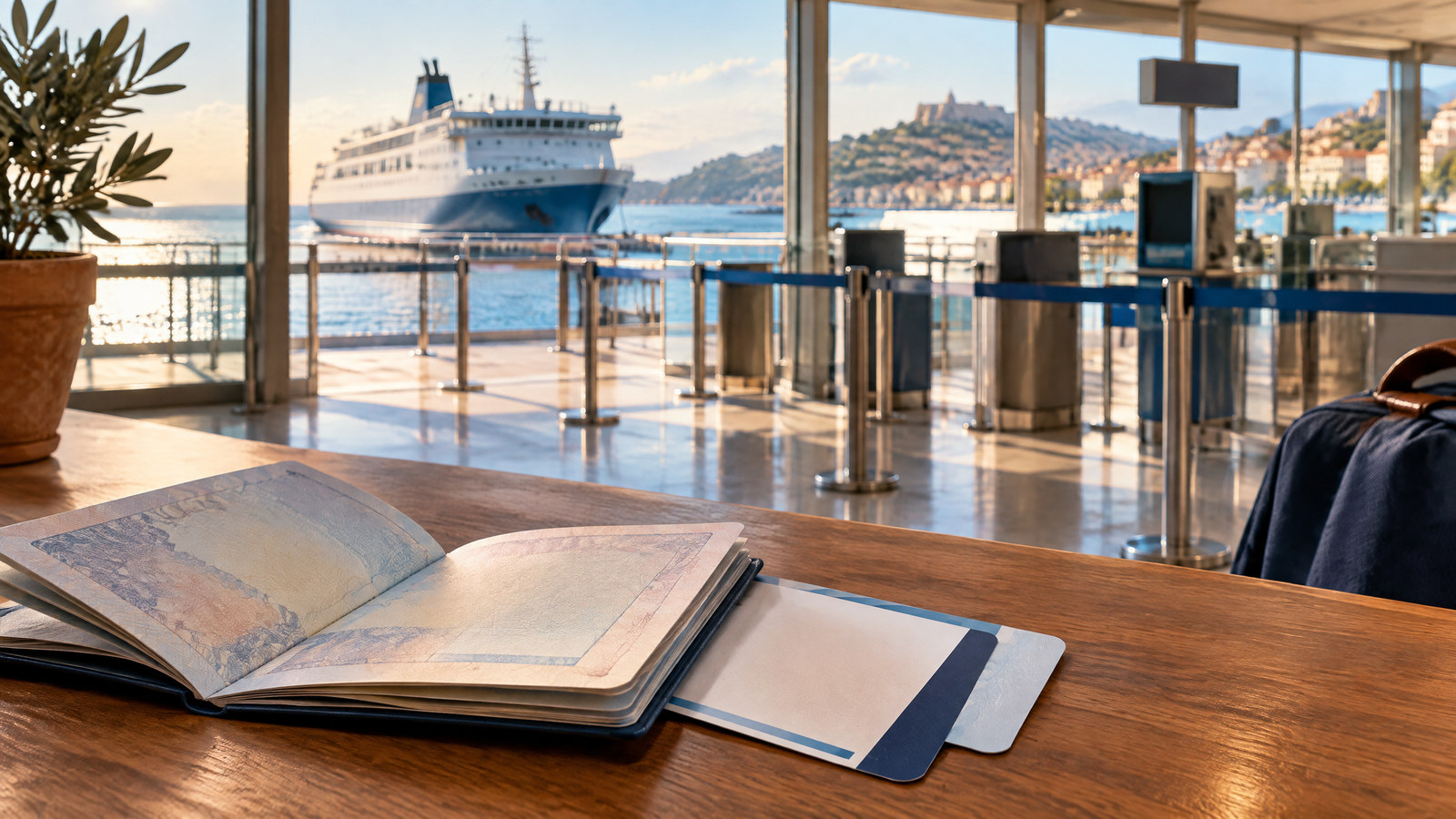 Generic open travel document inside a sunlit Mediterranean passenger terminal with a ferry beyond the glass