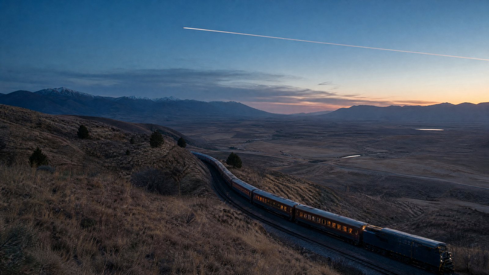 A daylight train crossing a wide valley, viewed from an open carriage doorway