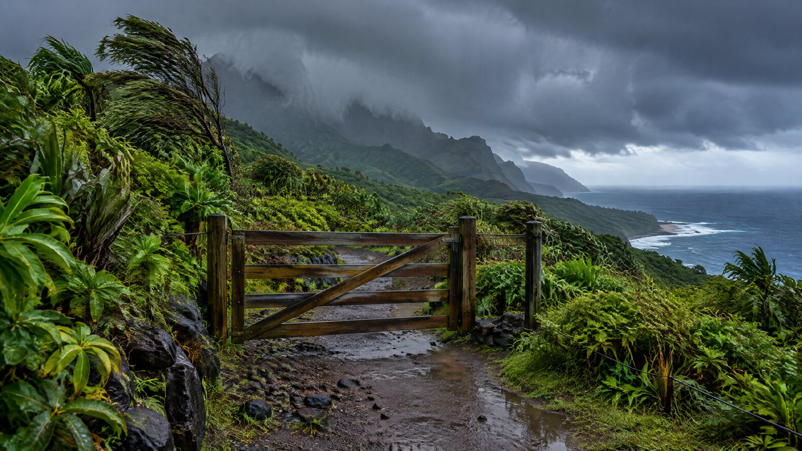 Closed wet hiking trail gate in tropical Hawaiʻi with wind-bent vegetation, mountain clouds and rough ocean beyond