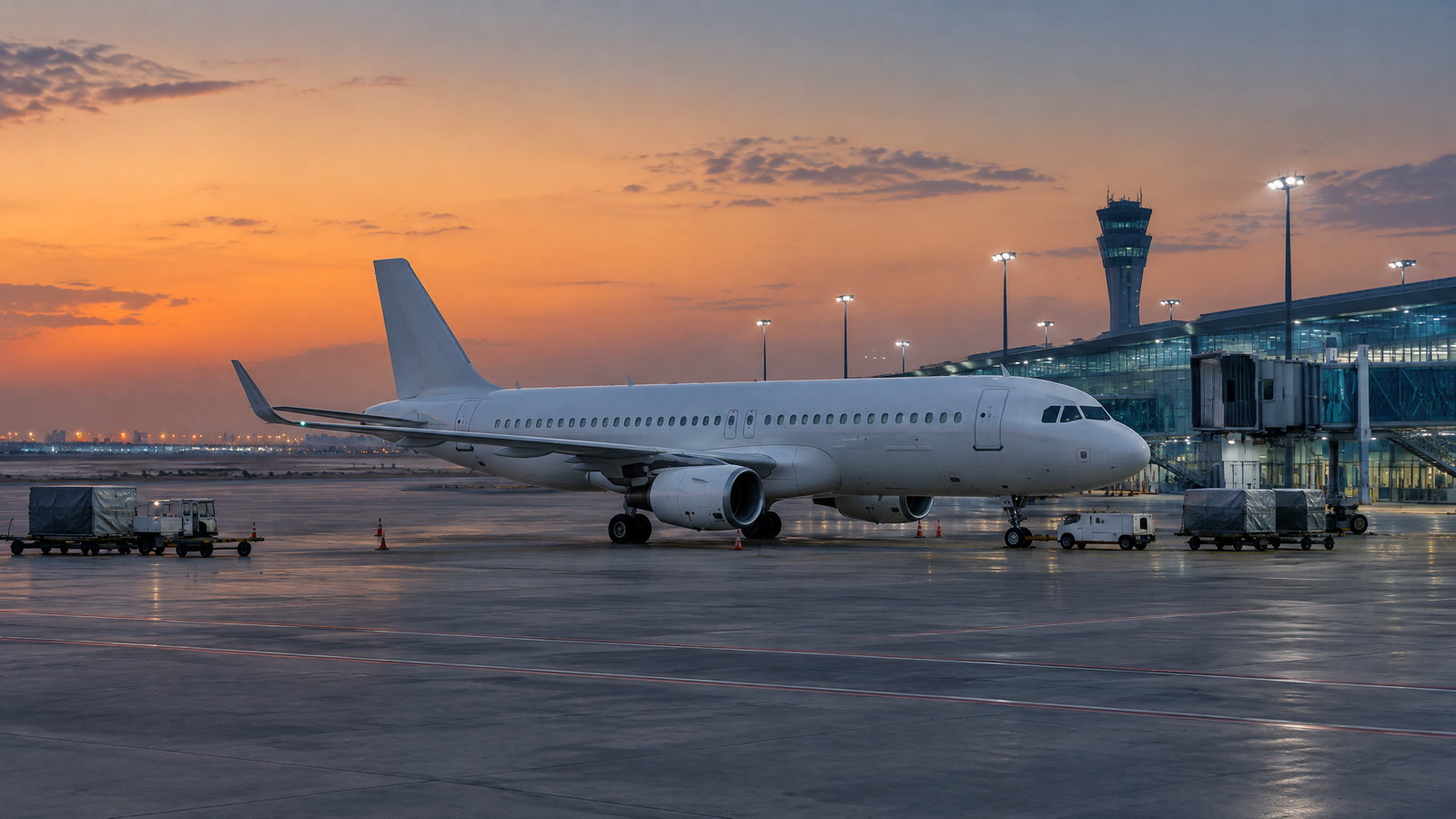 Unbranded passenger aircraft parked on a modern UAE airport apron at dusk with quiet ground equipment and terminal lights
