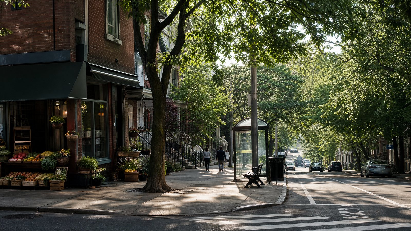 Traveller walking along a shaded mixed-use neighbourhood street at early morning
